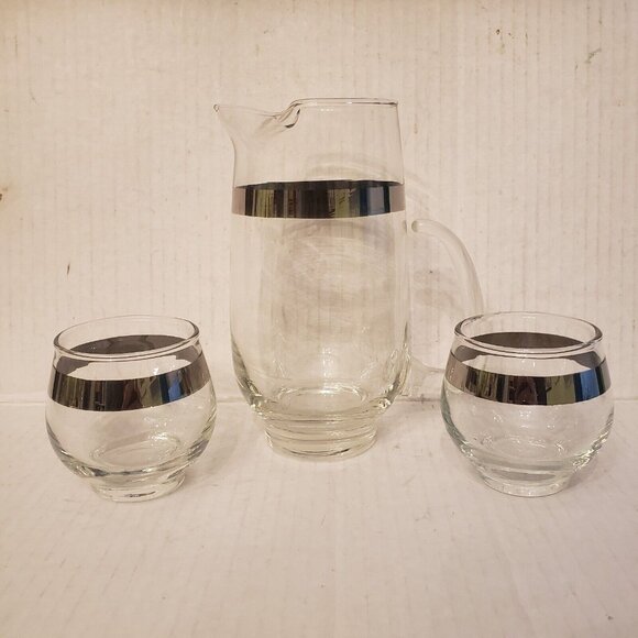 Small Libbey Mid Century Silver Stripe Glass Pitcher With 2 Glasses - Picture 6 of 14